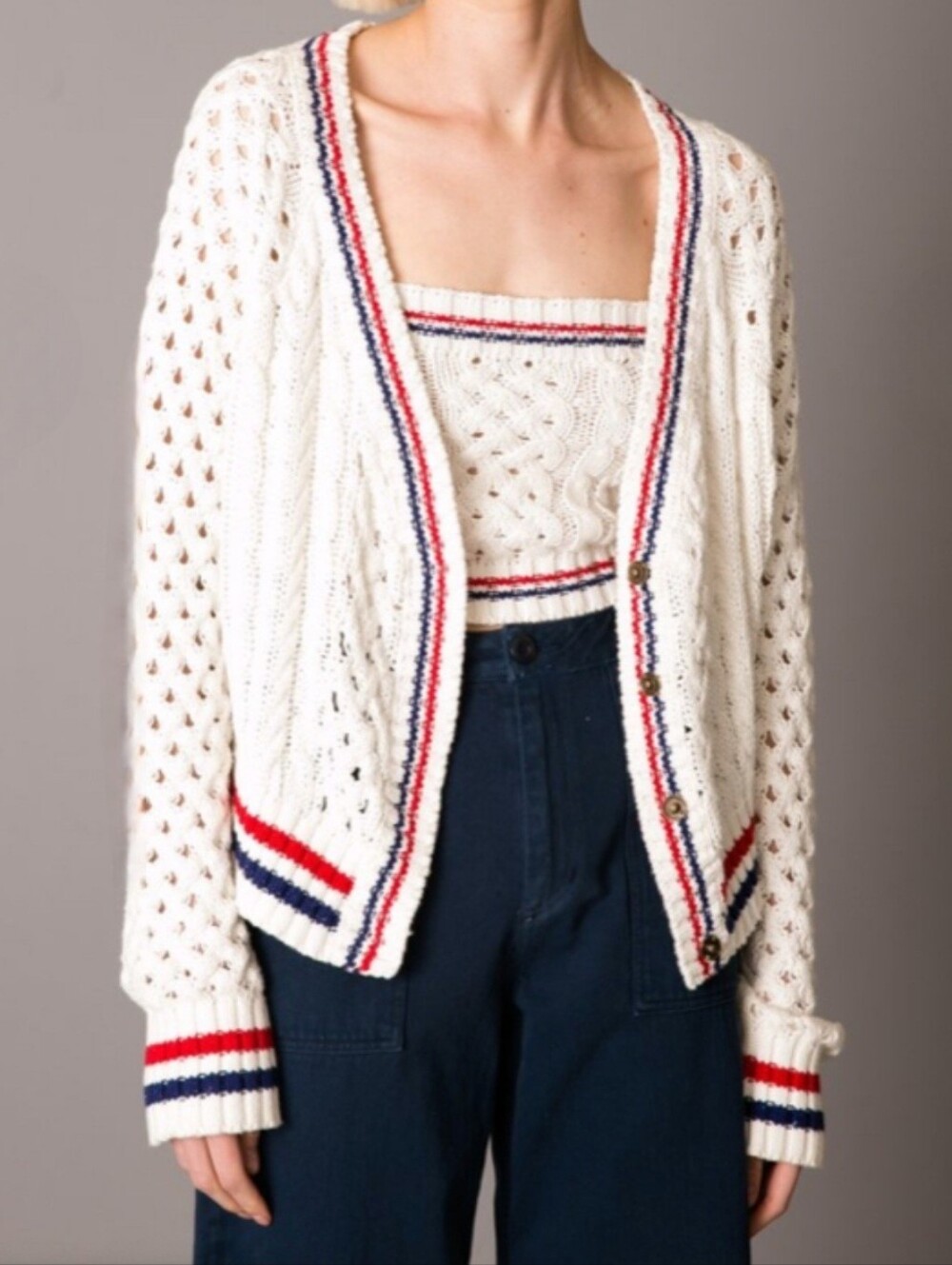 Le Superbe Deuce Americana Patriotic White Chunky Knit  Cardigan Sweater Medium